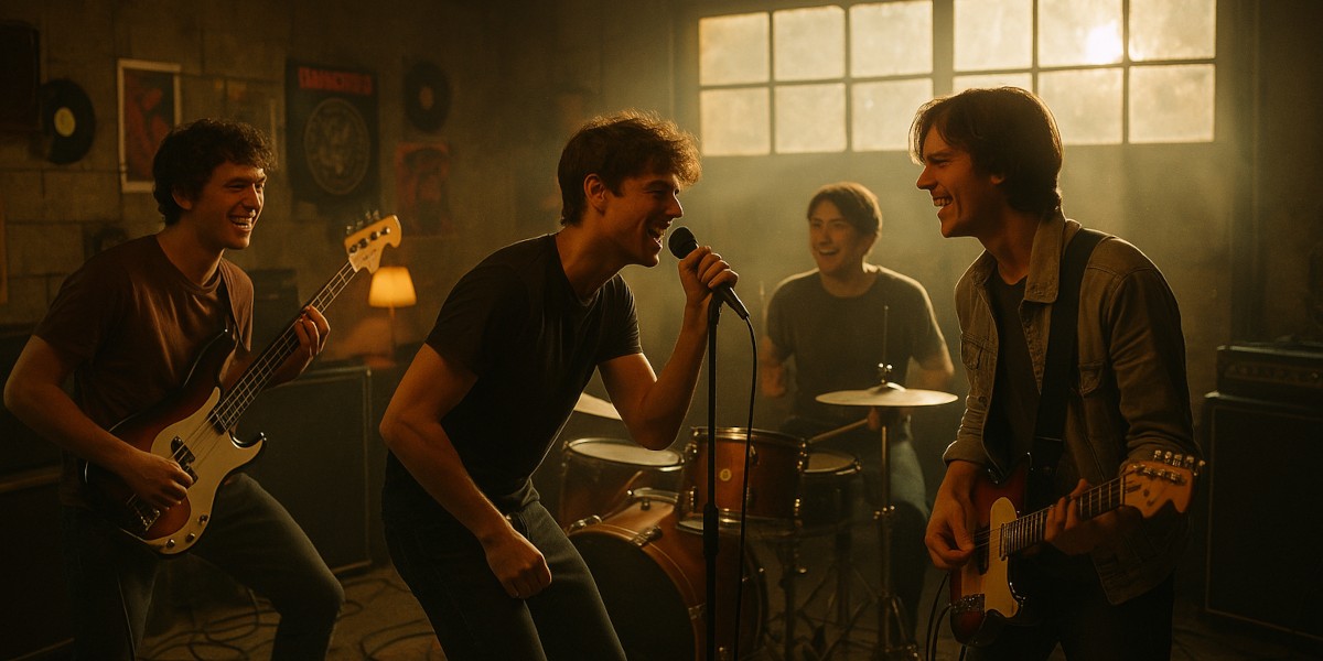 Banda de jovens amigos ensaiando na garagem